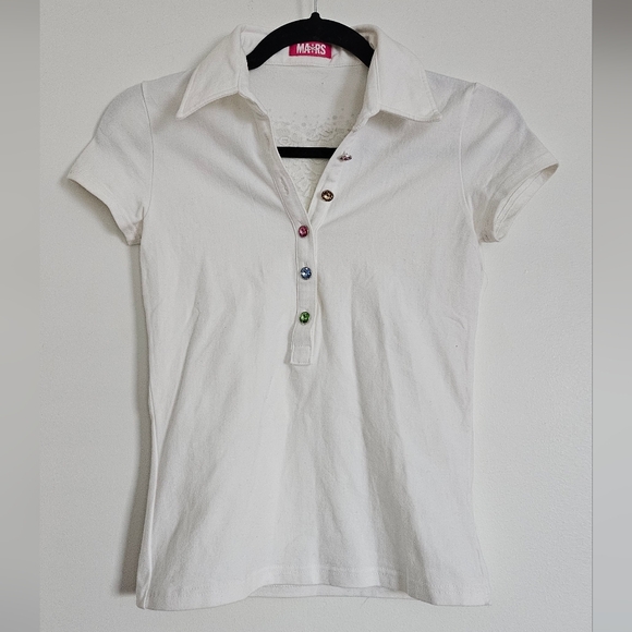 Ma*rs Gyaru White Short Sleeve Polo Shirt with Heart Cutout And Rhinestones - Picture 1 of 6
